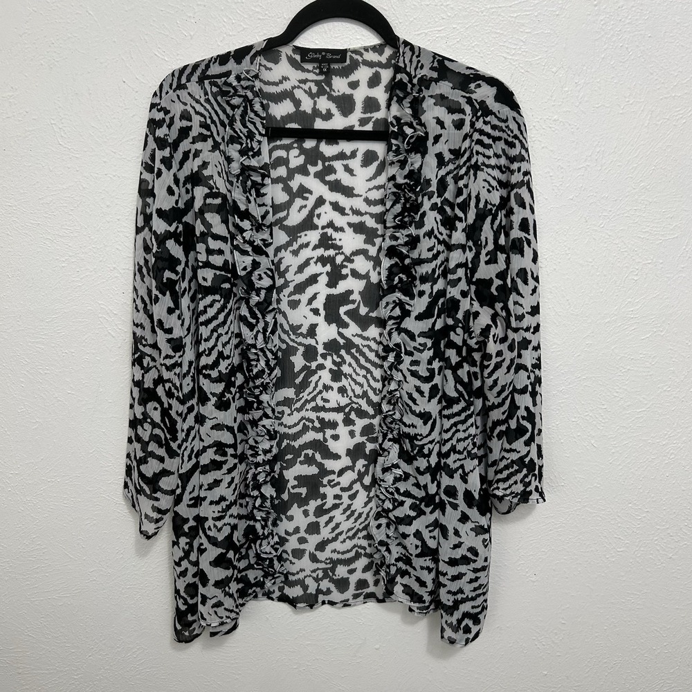 Slinky Brand White Black Zebra Print Chiffon Ruffled Open Kimono Cover Up Sz 1X